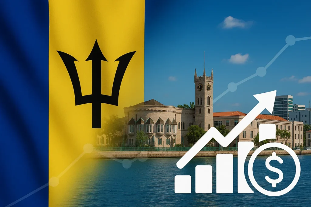 Aerial view of Barbados with digital finance and economic growth elements representing recruitment trends for 2026–2027