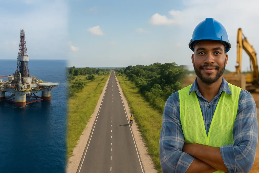 Guyana recruitment oil industry with city skyline, oil rigs, and international workforce of expats and independent contractors