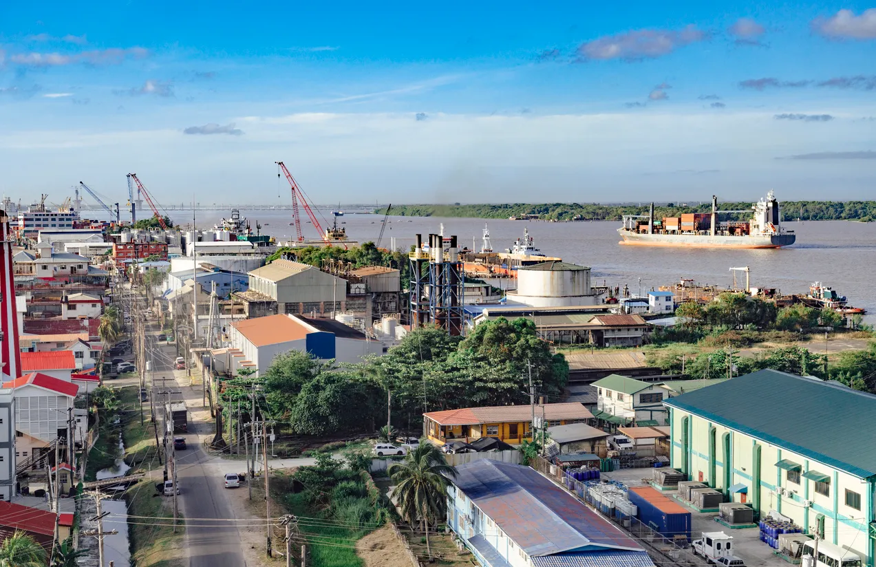 Aerial view of Georgetown port hub and logistics infrastructure in Guyana, highlighting transport and supply chain growth.
